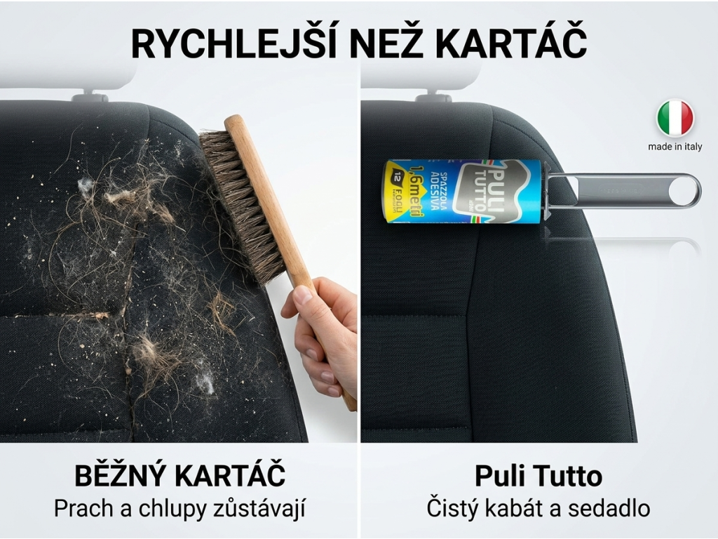 Srovnání Puli Tutto lepicího válečku s běžným čištěním textilu