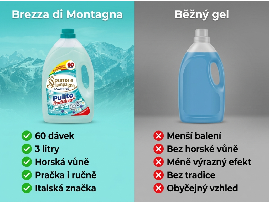 Srovnání pracího gelu Spuma Brezza di Montagna