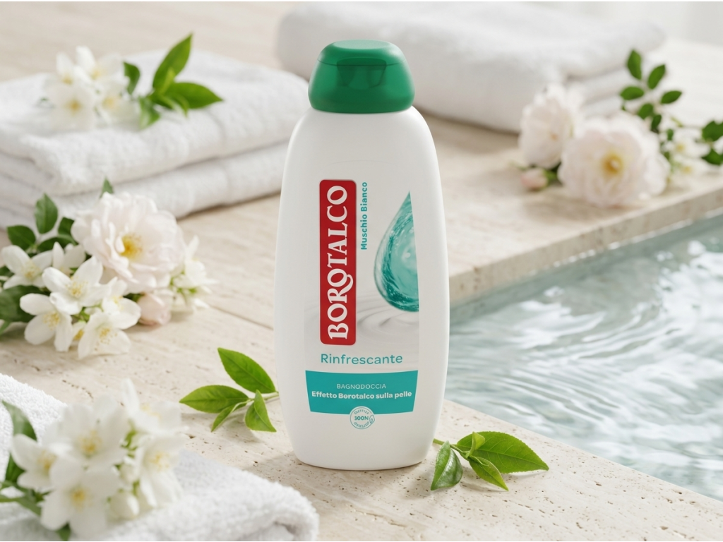 Borotalco sprchový gel Muschio Bianco v koupelnovém prostředí