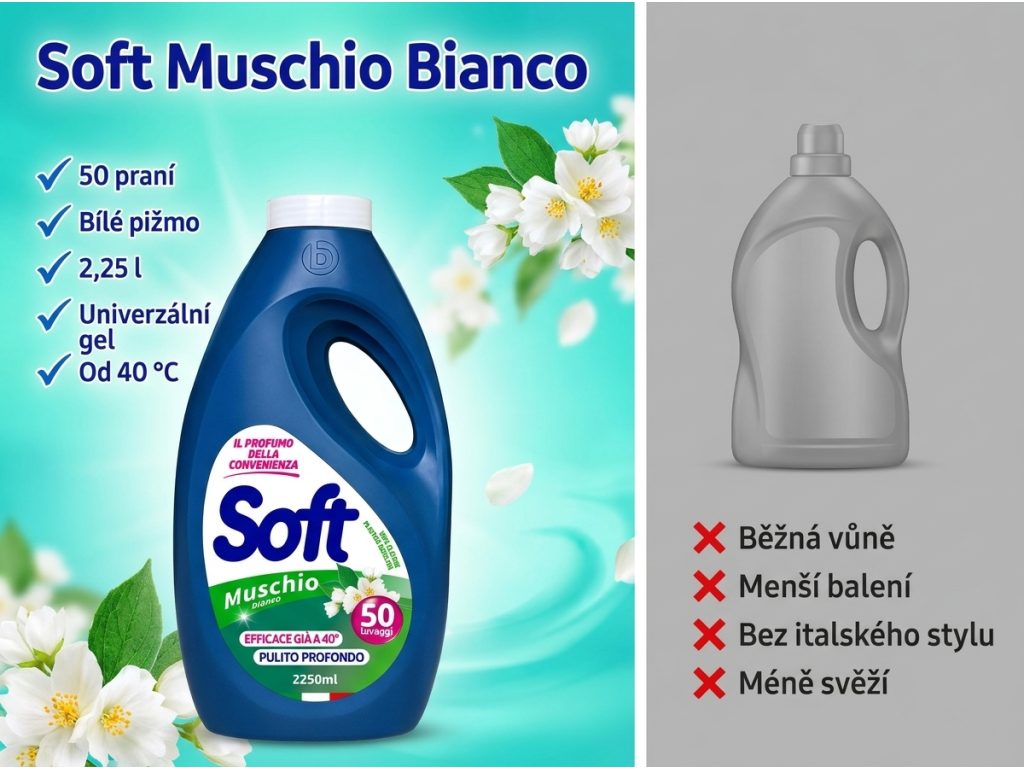 Srovnání pracího gelu Soft Muschio Bianco