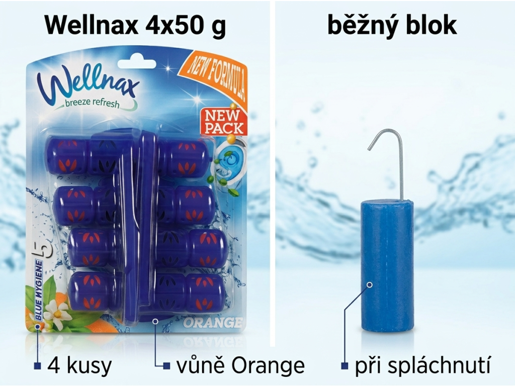 Srovnání Wellnax Orange WC závěsku s běžným blokem