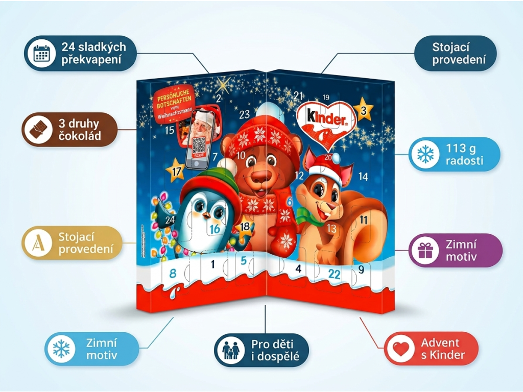 Kinder stolní adventní kalendář mix – 24 překvapení a tři druhy čokolád