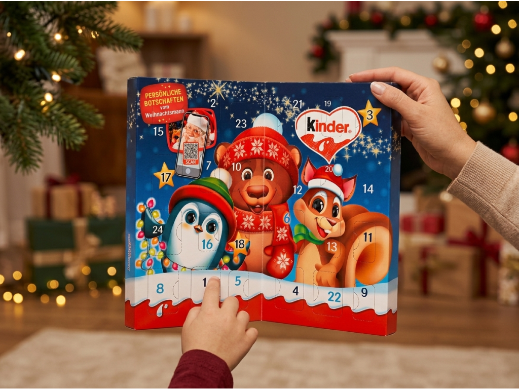 Kinder stolní adventní kalendář držený v rukou