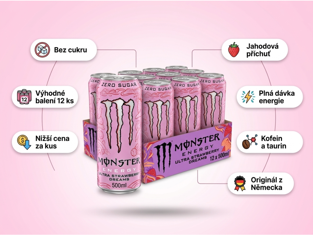 Monster Energy Ultra Strawberry Dreams 12x500 ml - přehled výhod