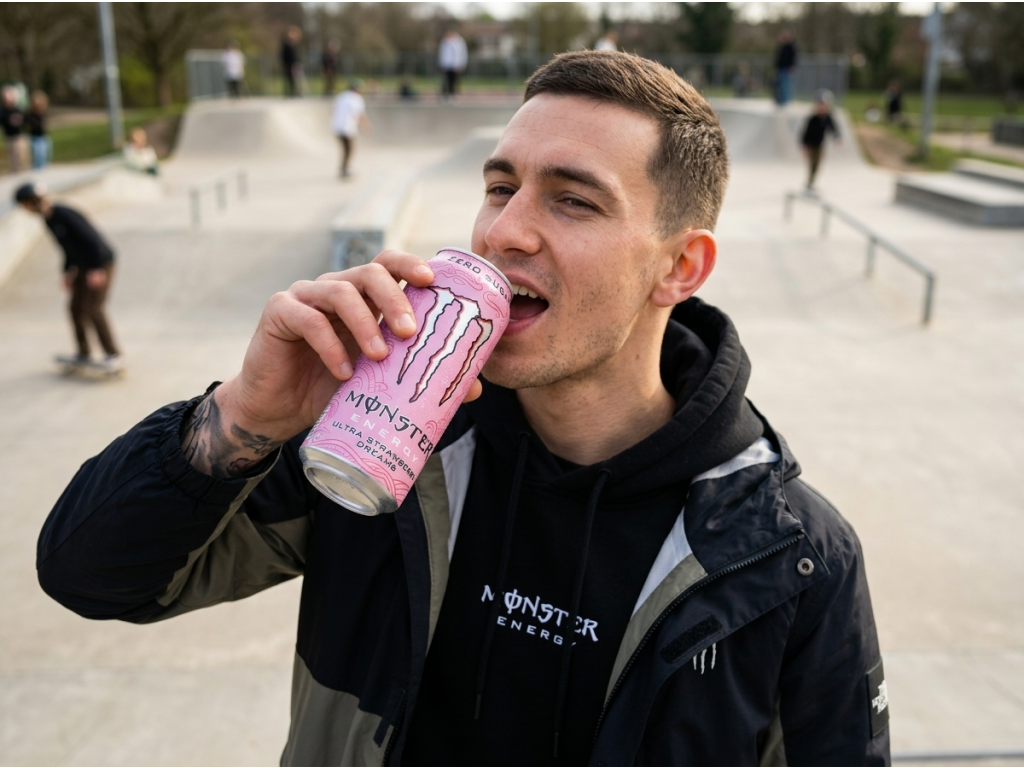 Mladý muž pije Monster Energy Ultra Strawberry Dreams