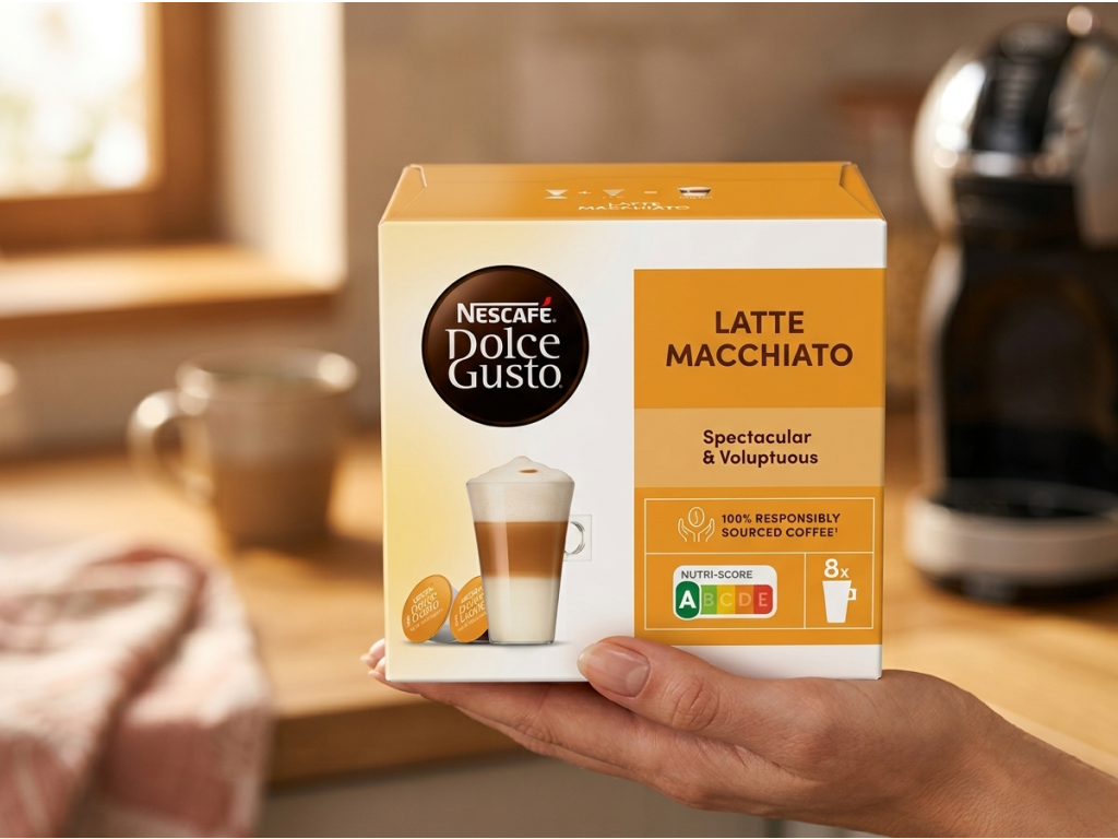 Nescafé Dolce Gusto Latte Macchiato držené v ruce