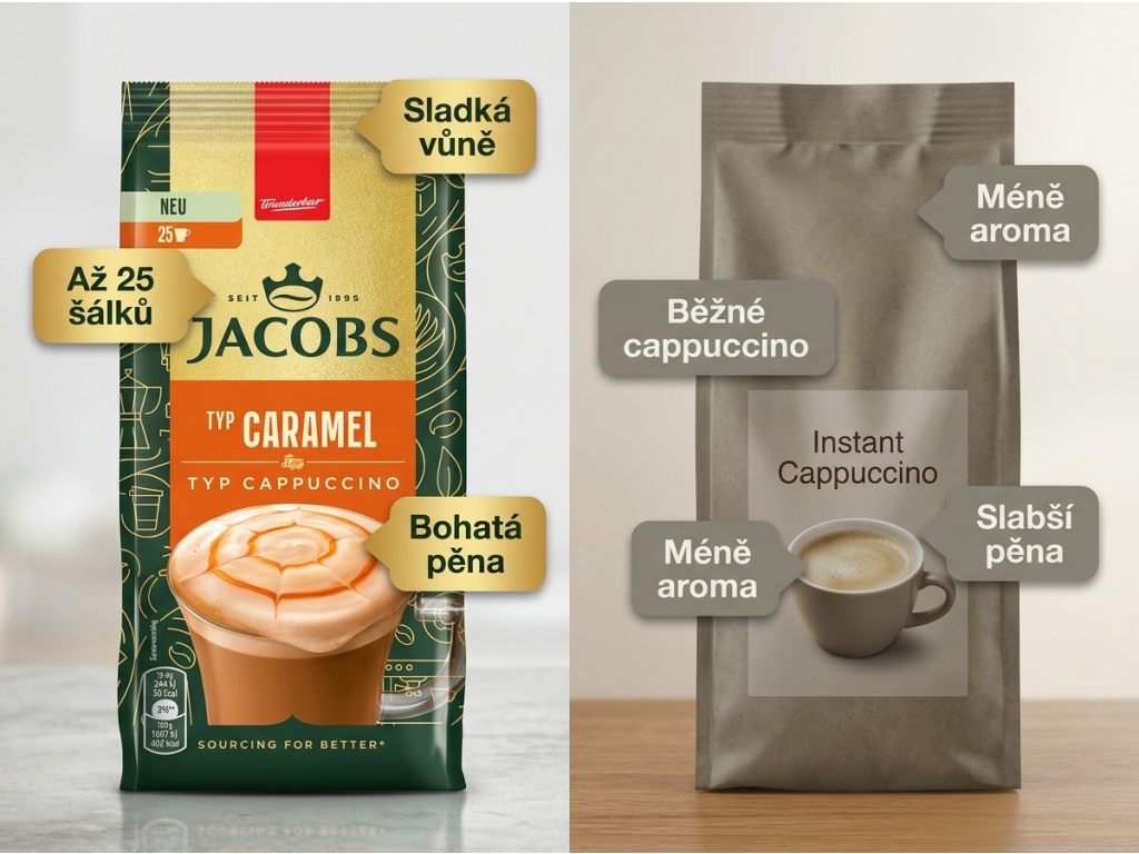 Jacobs Cappuccino Caramel srovnání s běžným cappuccinem