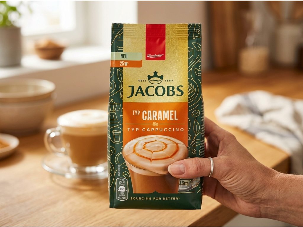 Jacobs Cappuccino Caramel balení v ruce