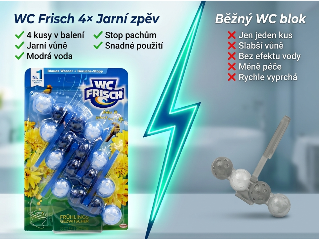Srovnání WC Frisch Jarní zpěv 4pack s běžným WC blokem