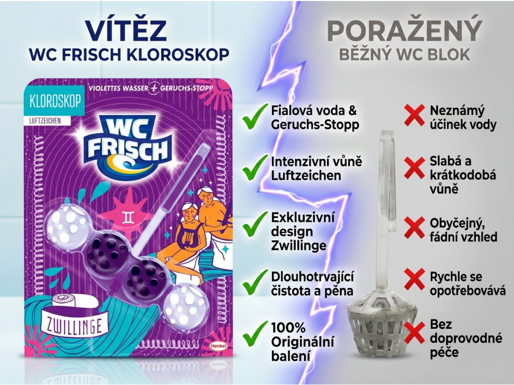 Srovnání WC Frisch Kloroskop s běžným WC blokem