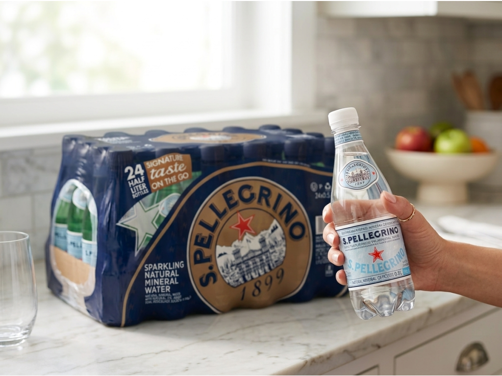 Sanpellegrino perlivá minerální voda Frizzante 24x0,5 l - lahev v ruce