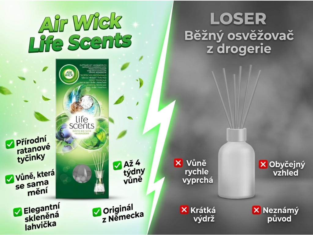 Air Wick Life Scents Tropický deštný les - srovnání s běžným osvěžovačem