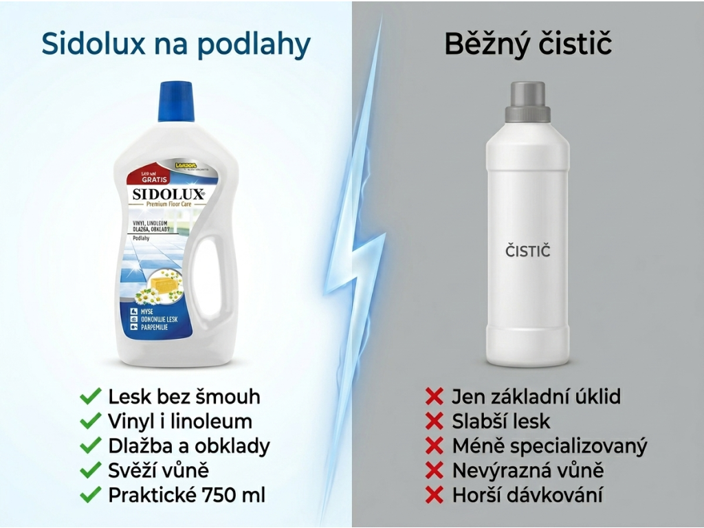 Sidolux čistič na vinyl linoleum dlažbu obklady 750 ml srovnání s běžným čističem