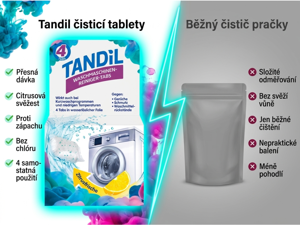 Srovnání čisticích tablet Tandil s běžným čističem pračky