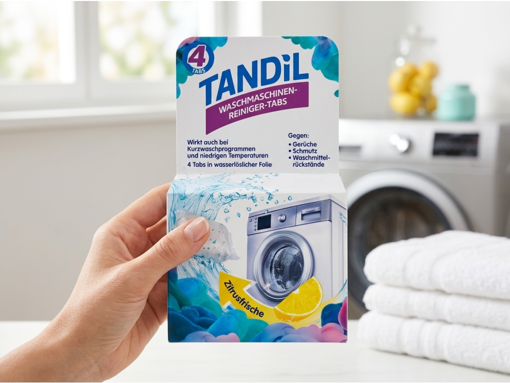 Balení Tandil čisticích tablet v moderní prádelně