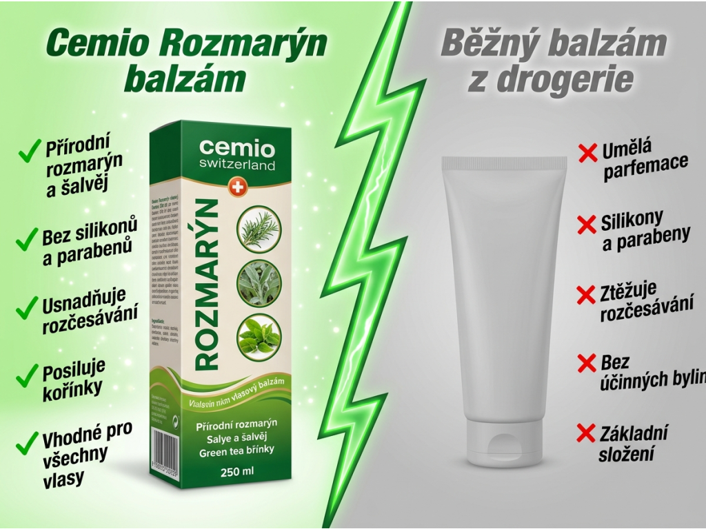 Cemio Rozmarýn vlasový balzám - srovnání s běžným kondicionérem