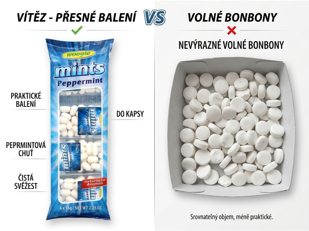 Srovnání Woogie Peppermint s běžnými volnými bonbony