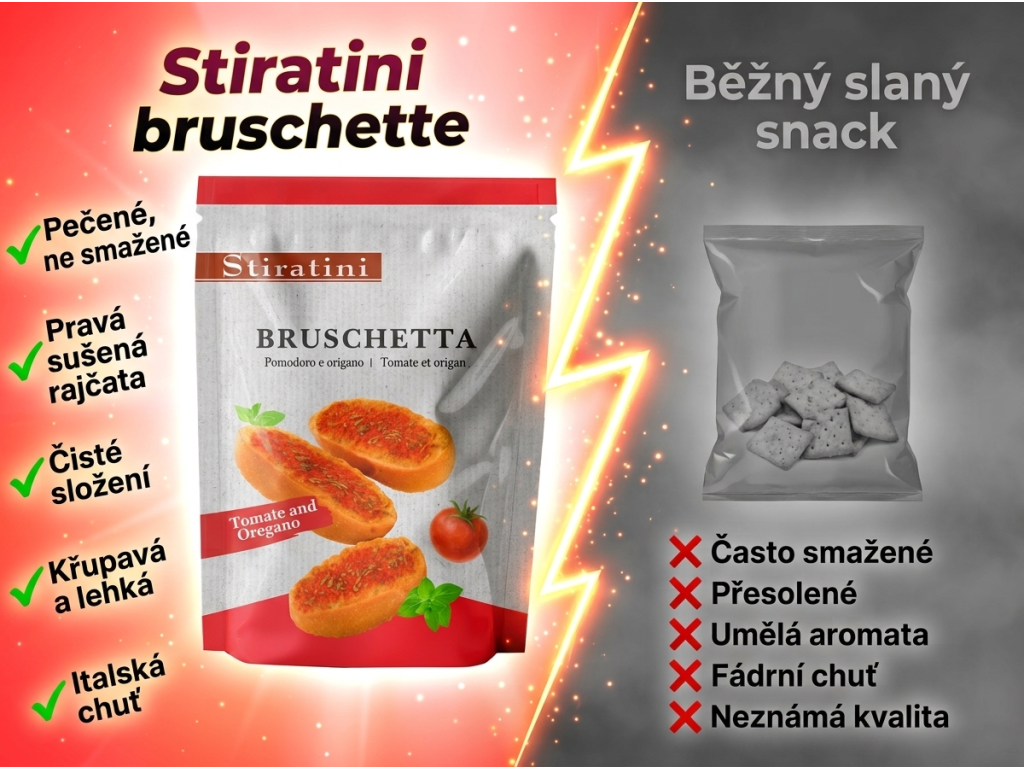 Stiratini bruschette s rajčaty a oreganem - srovnání s běžným snackem