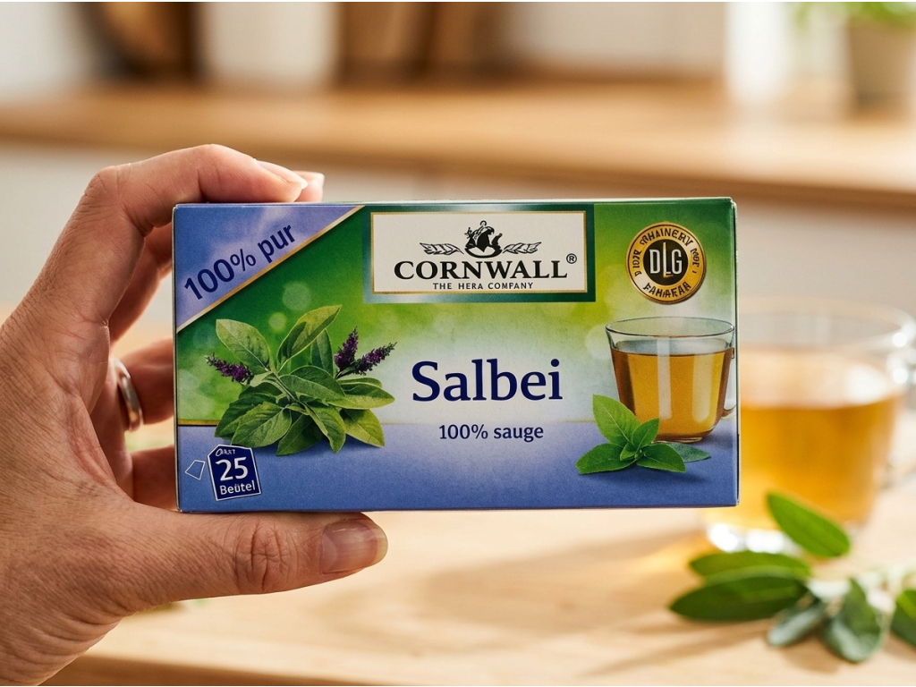 Cornwall bylinný čaj se šalvějí 100% 25 sáčků 50 g v ruce