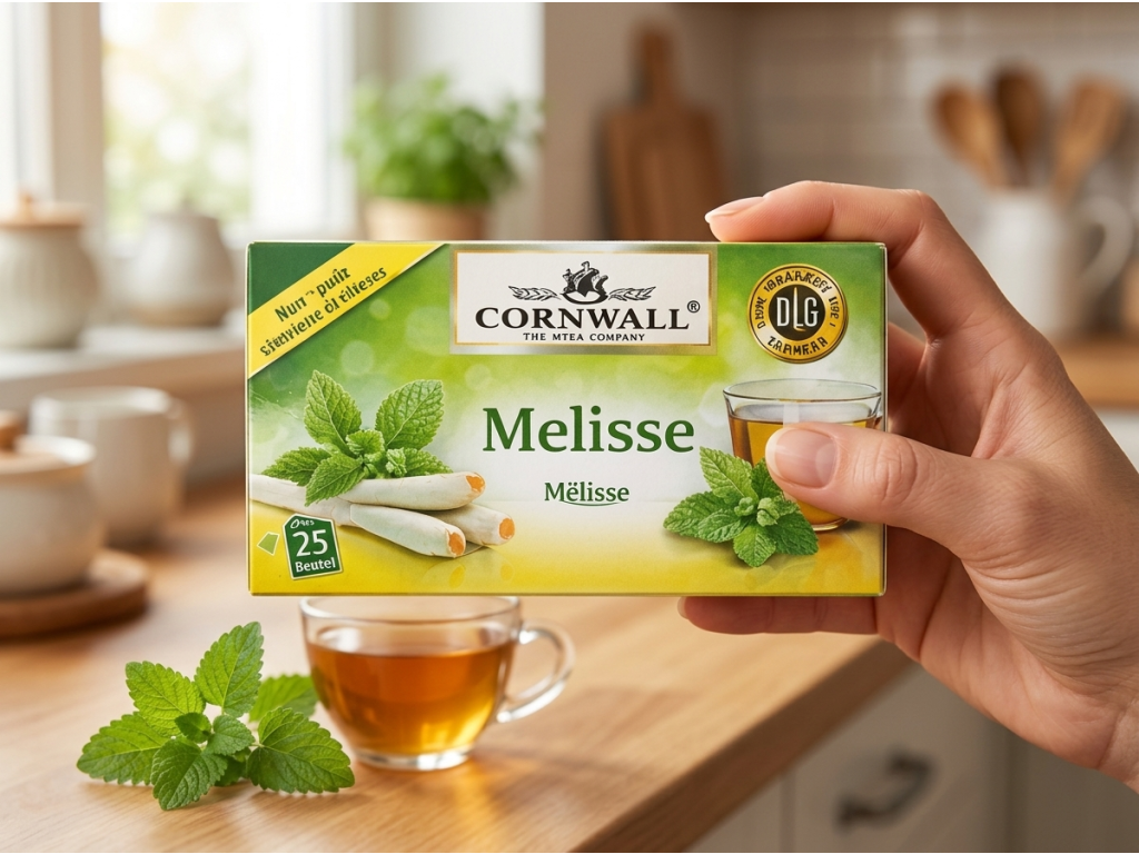 Cornwall bylinný čaj s meduňkou a citronovou trávou držený v ruce