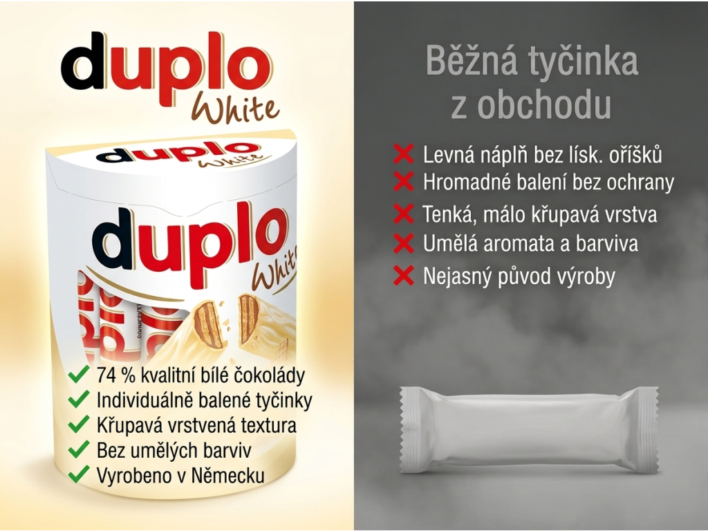 Duplo White 10 ks 182 g srovnání s běžnou tyčinkou