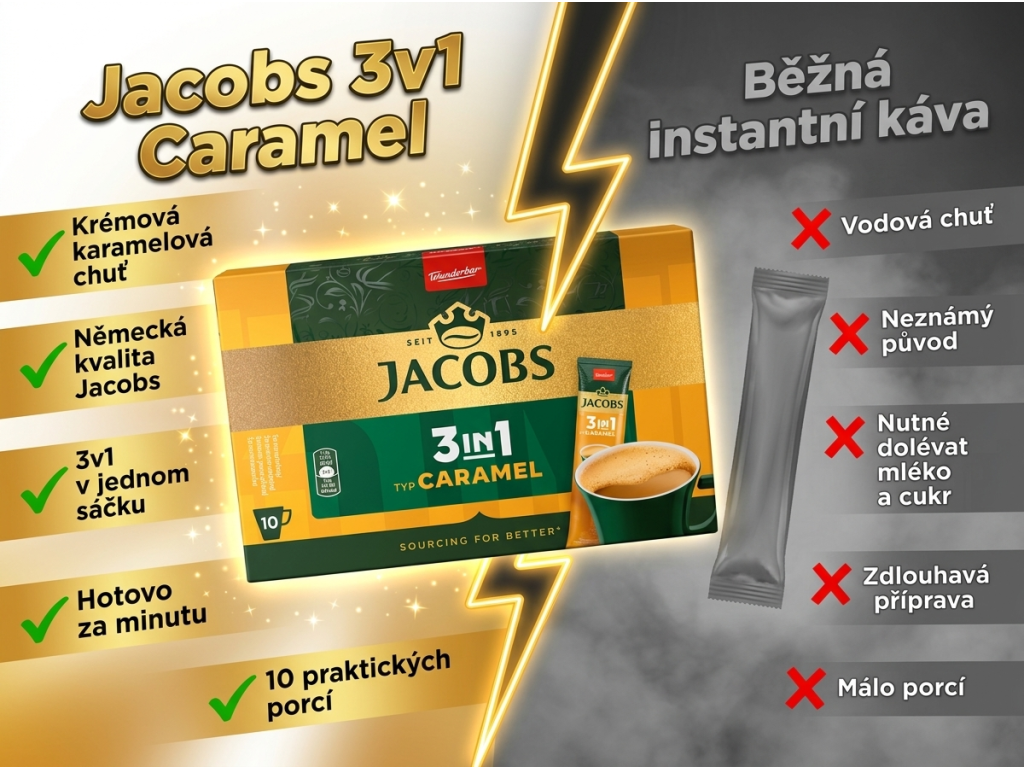Jacobs 3v1 Caramel srovnání s běžnou kávou