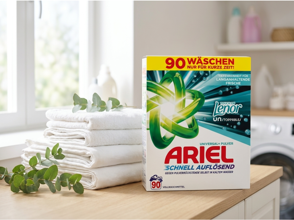 Ariel prací prášek s vůní Lenor v prádelně