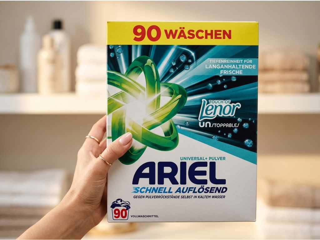 Ariel prací prášek s vůní Lenor v ruce