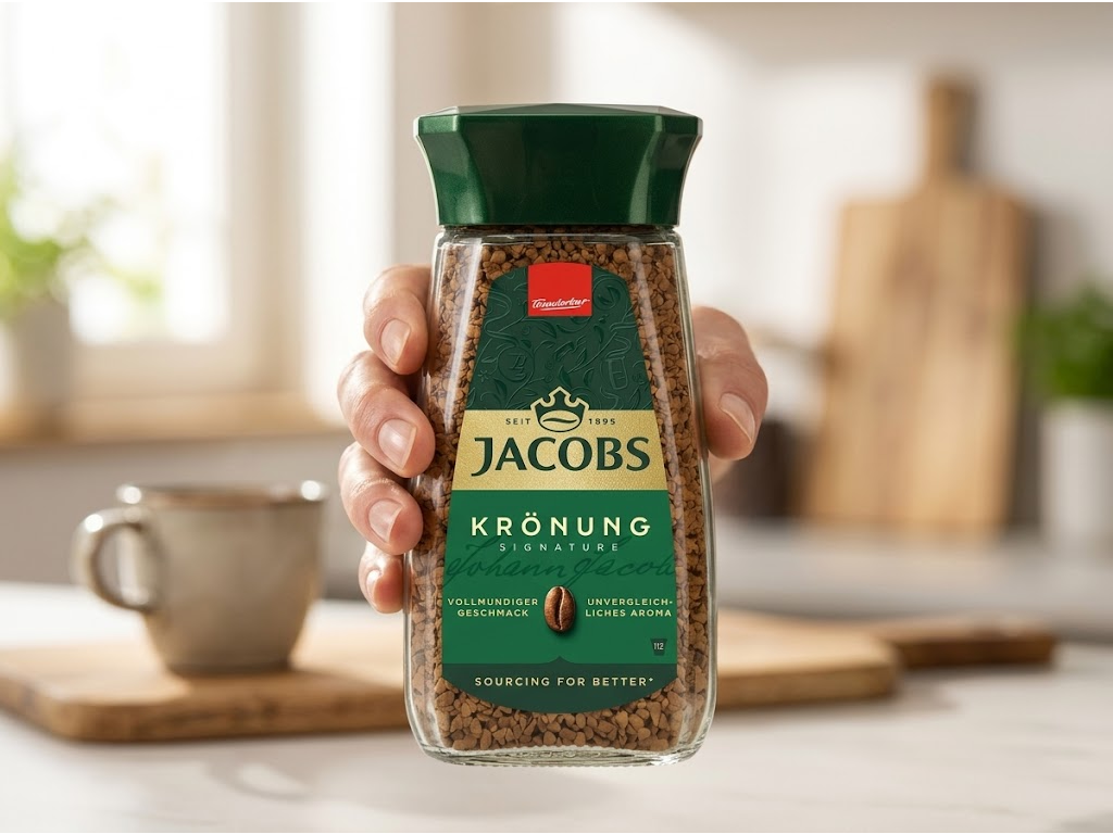 Jacobs Krönung instantní káva v ruce