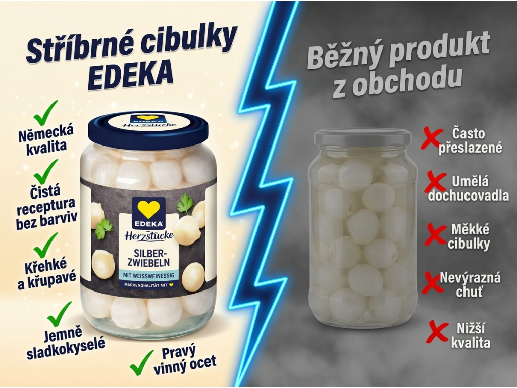 Srovnání EDEKA stříbrných cibulek s běžným produktem