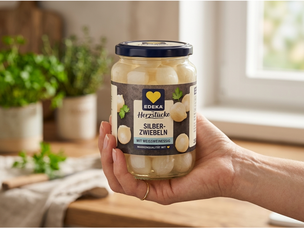 EDEKA stříbrné cibulky ve sklenici v ruce