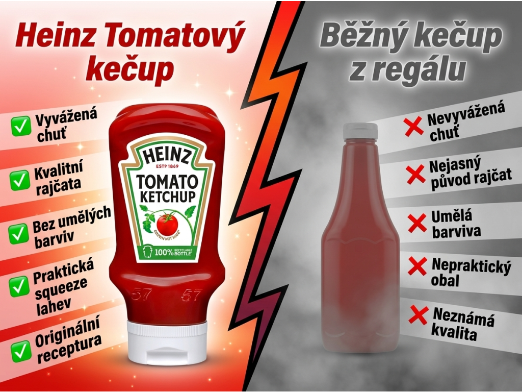 Srovnání Heinz tomatového kečupu s běžným kečupem