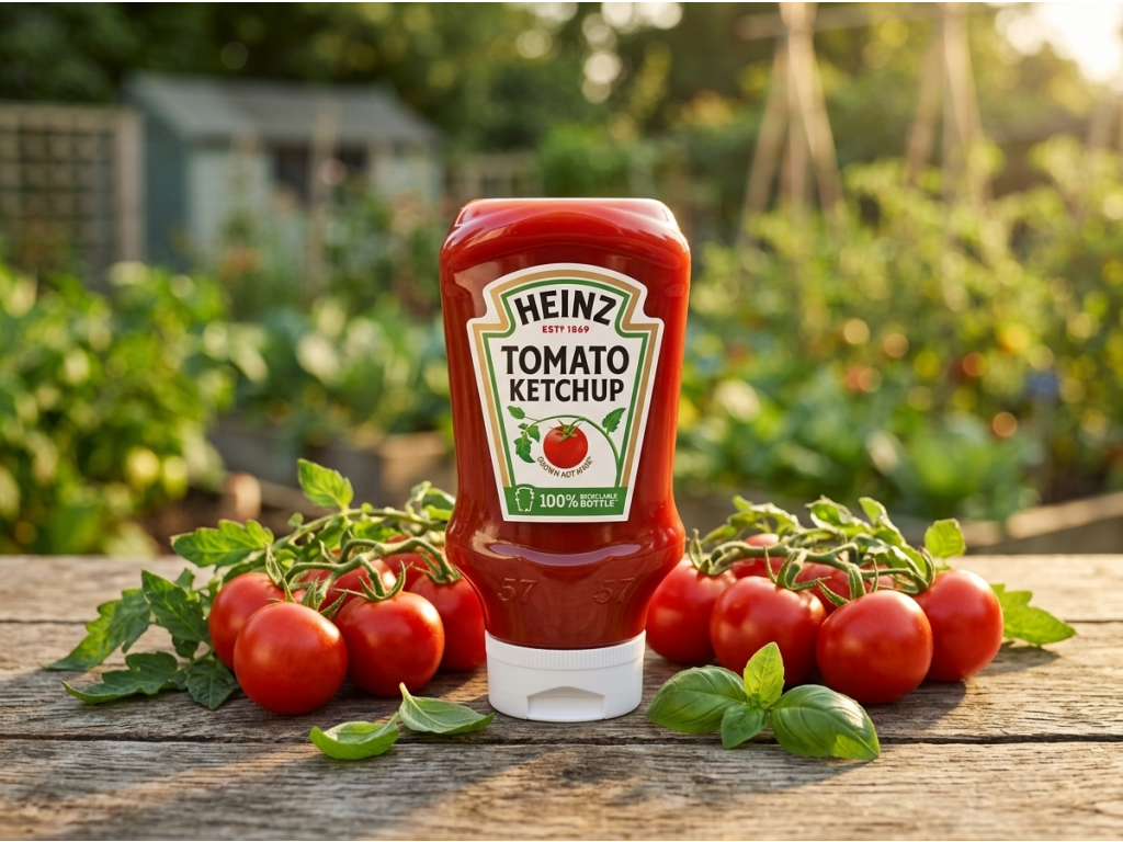 Heinz tomatový kečup 800 ml v přírodním prostředí s rajčaty