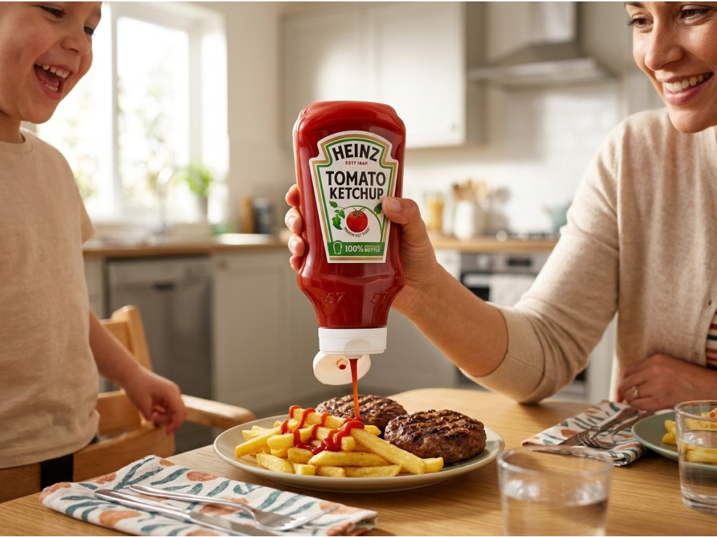 Rodina používá Heinz tomatový kečup k hranolkám