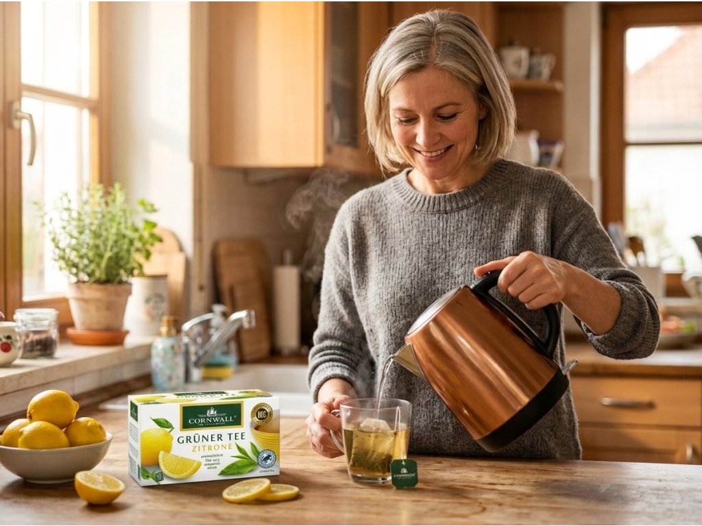 Cornwall zelený čaj s citronovým aroma při přípravě v kuchyni