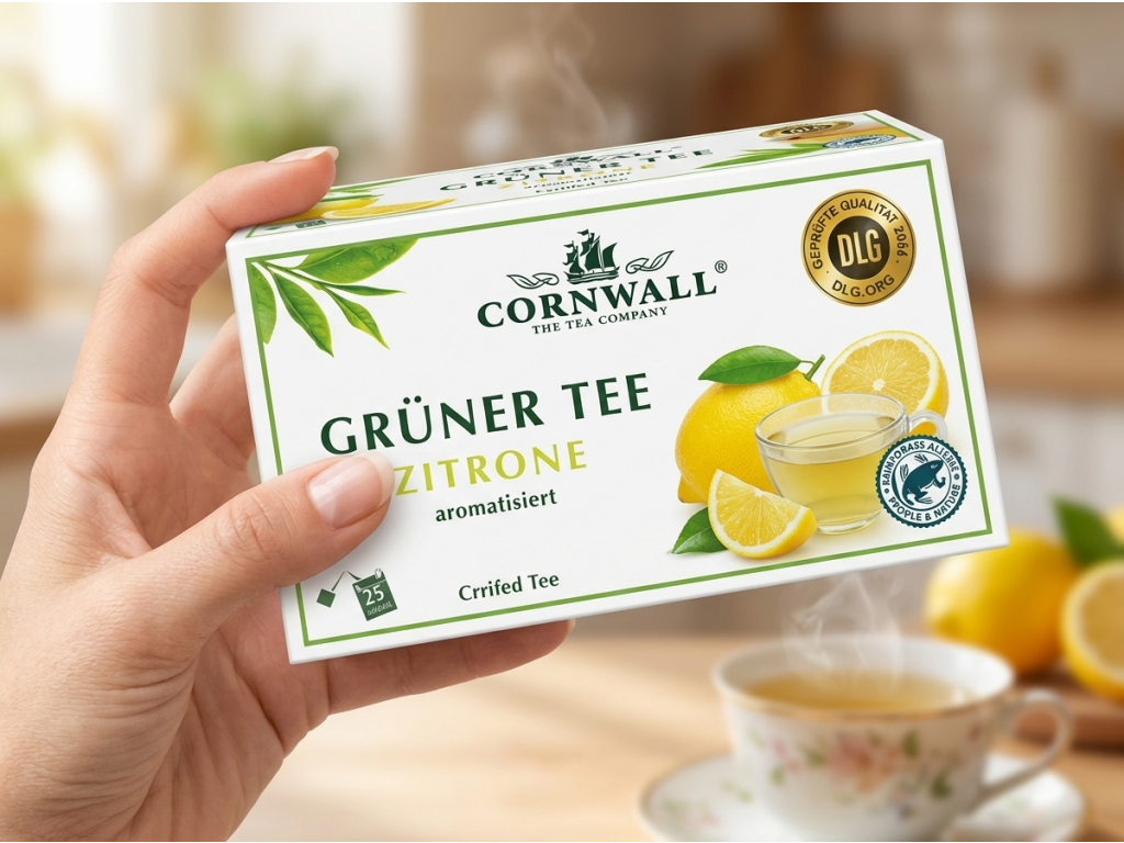 Cornwall zelený čaj s citronovým aroma držený v ruce