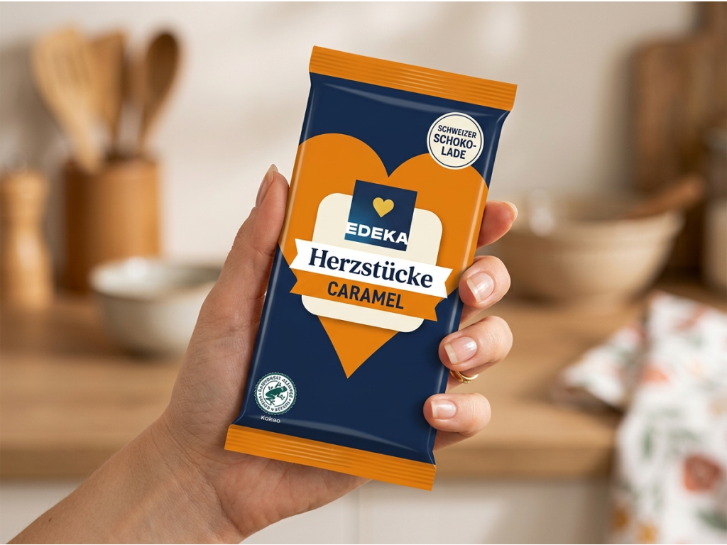Edeka mléčná čokoláda s karamelovou náplní 90 g v ruce