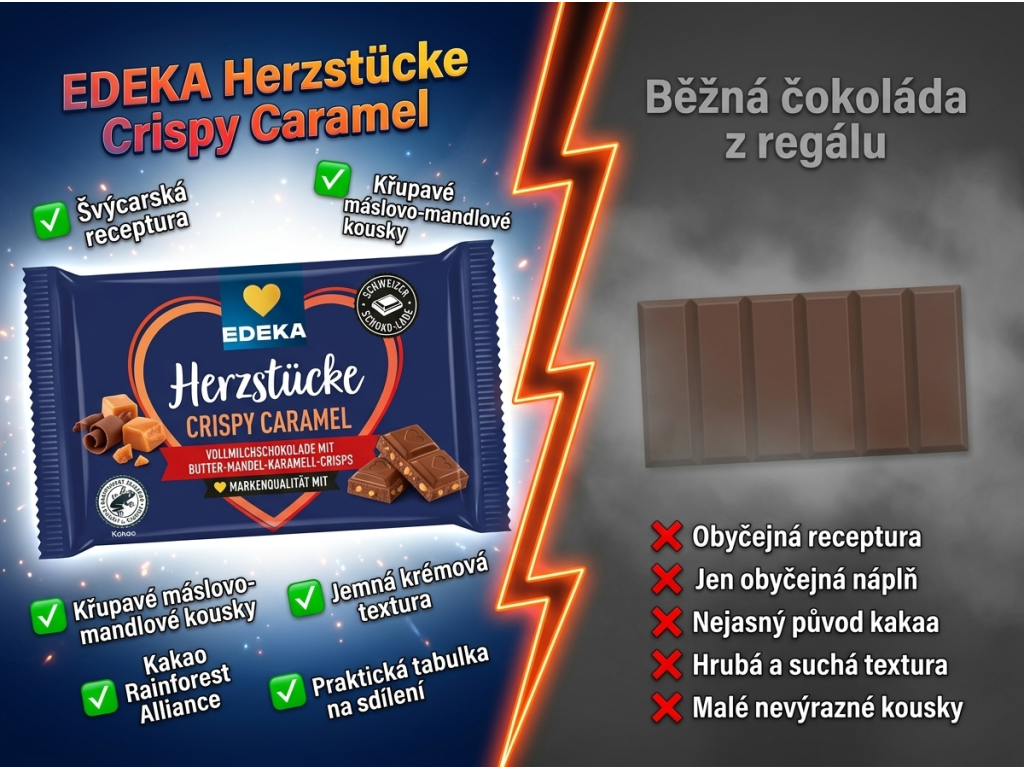 Edeka Herzstücke Crispy Caramel - srovnání s běžnou čokoládou