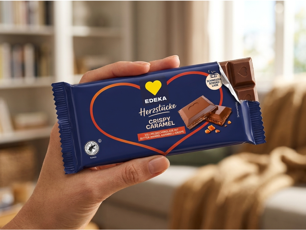 Edeka Herzstücke Crispy Caramel držená v ruce