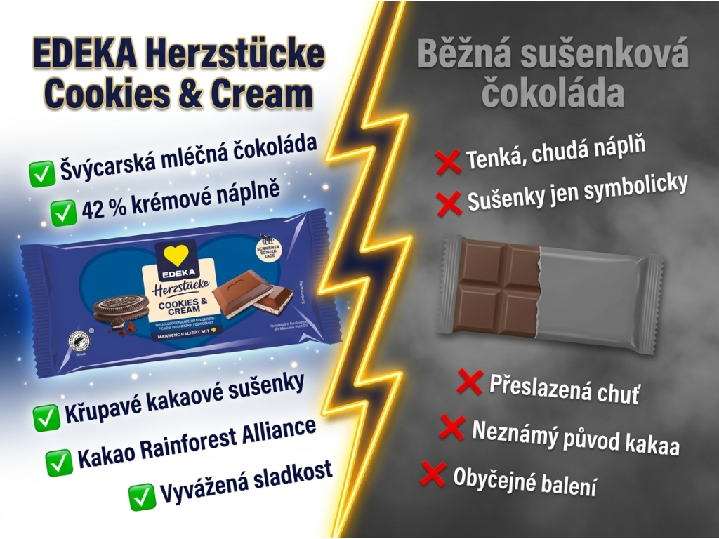 EDEKA Herzstücke Cookies & Cream - srovnání s běžnou čokoládou