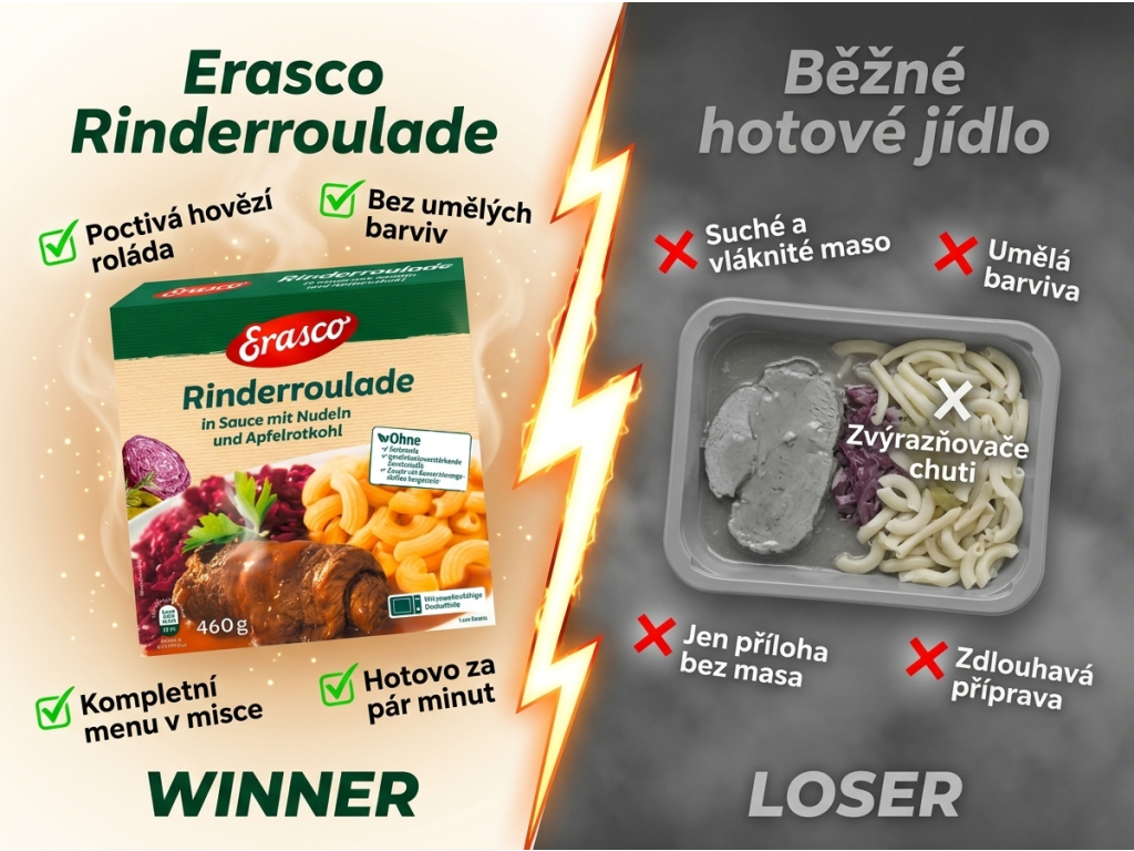 Srovnání Erasco hovězí rolády s běžným hotovým jídlem