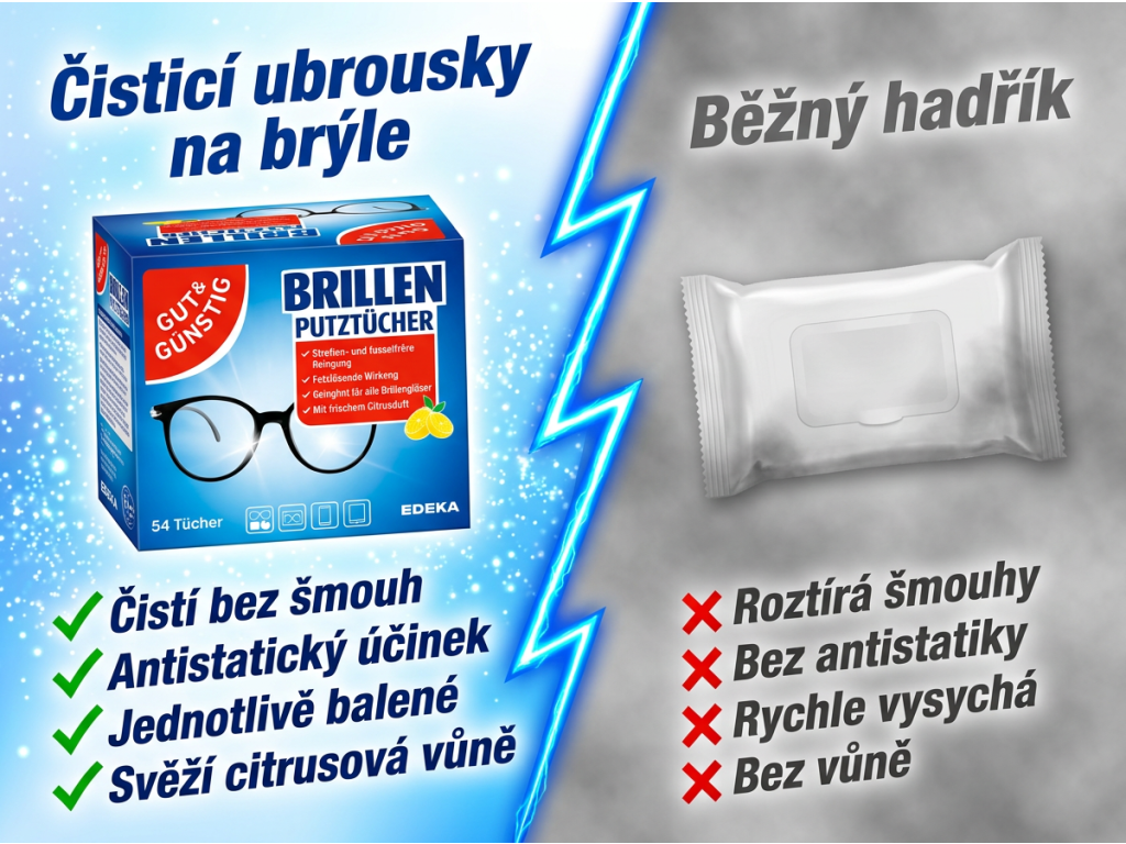 Srovnání G&G čisticích ubrousků na brýle s běžným hadříkem