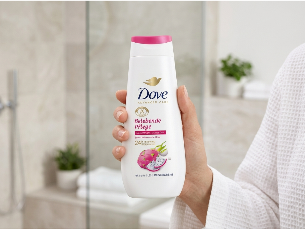 Dove Advanced Care Belebende Pflege v ruce v koupelně