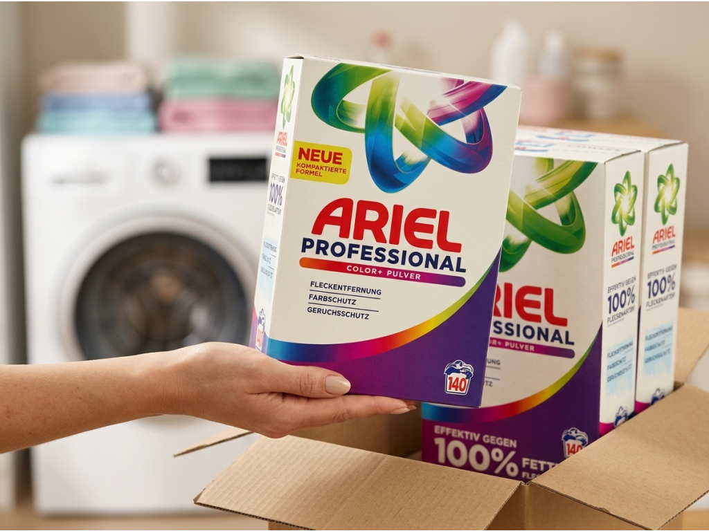 Ariel Professional prací prášek držený v ruce