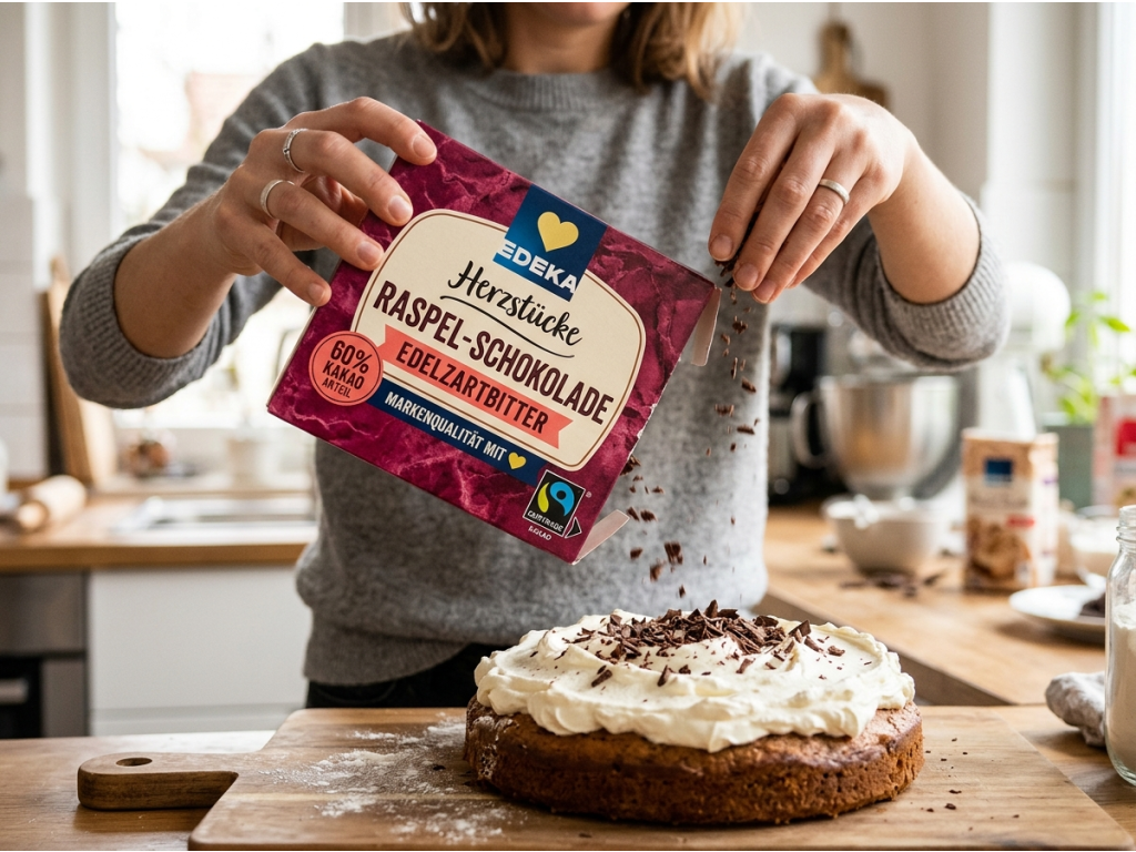 Sypání čokoládových hoblin Edeka na dort