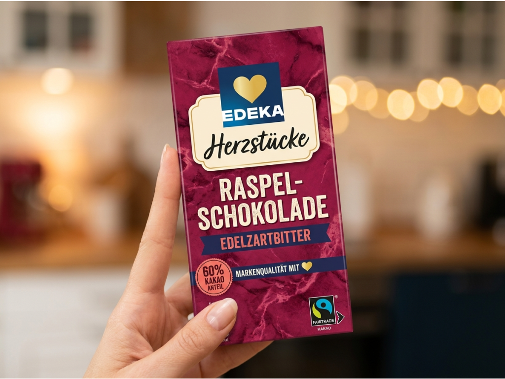 Edeka čokoládové hobliny z hořké čokolády v ruce
