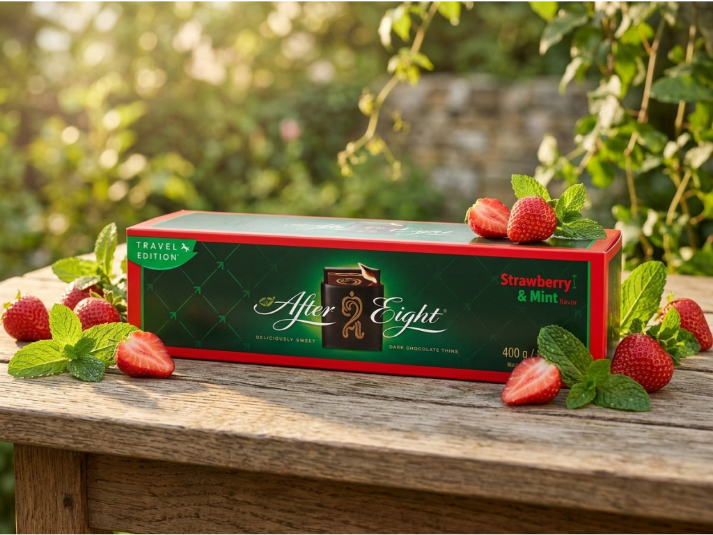 After Eight Jahoda a Máta 400 g v přírodním prostředí s jahodami a mátou
