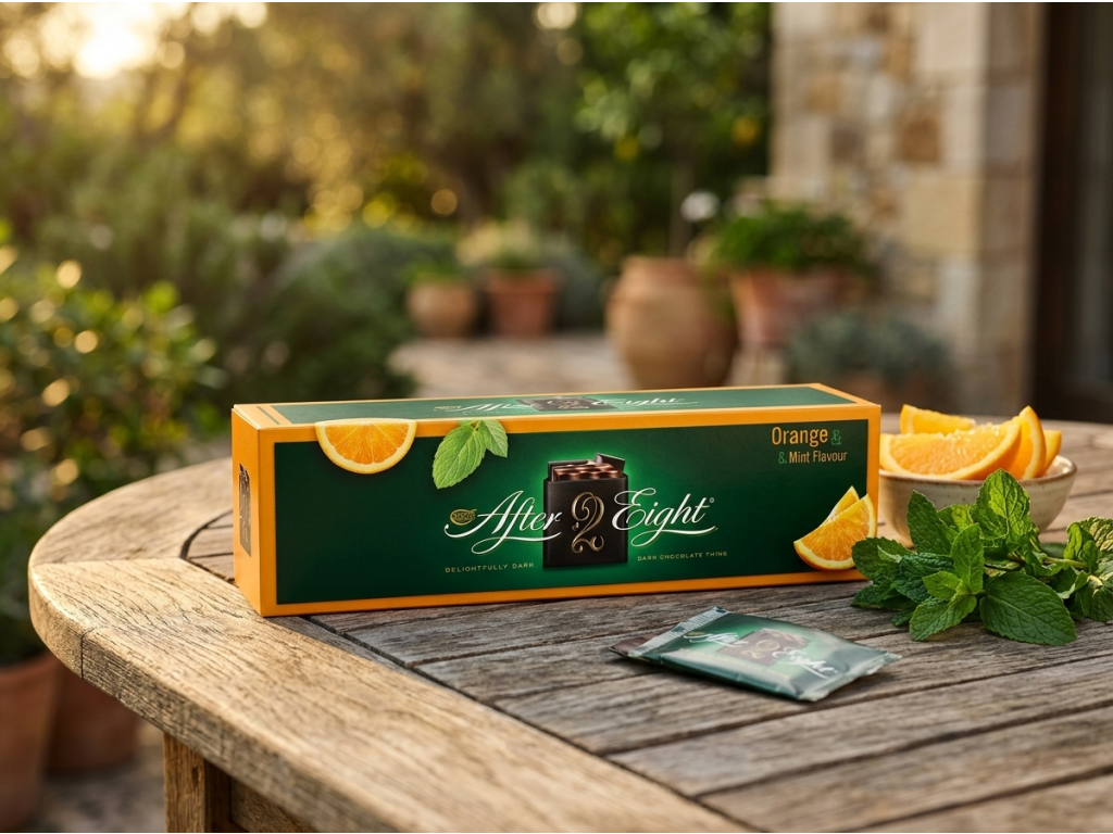After Eight Pomeranč a Máta 400 g v přírodním prostředí s pomerančem a mátou