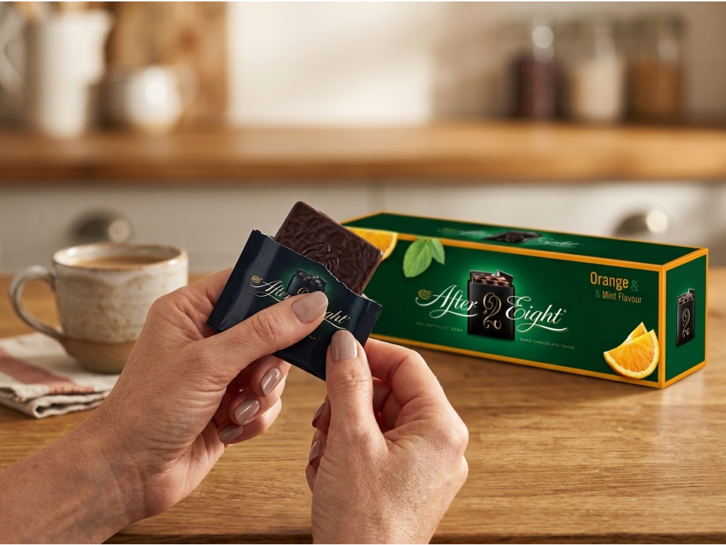After Eight Pomeranč a Máta 400 g drzeny v ruce