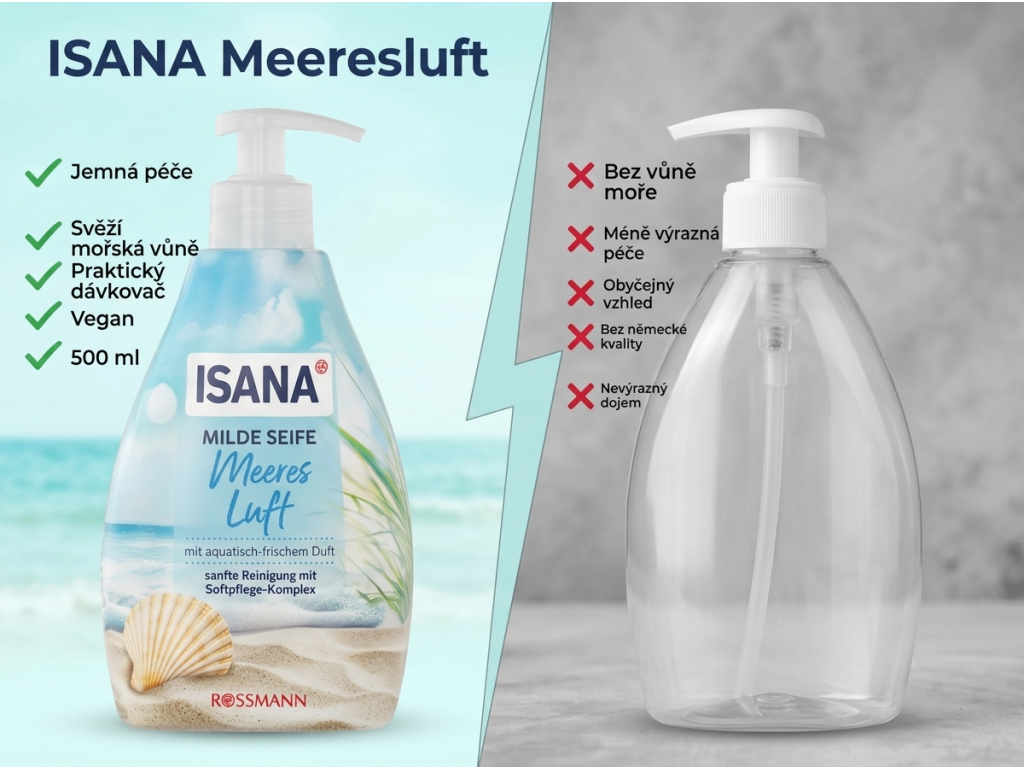 Isana jemné tekuté mýdlo s vůní mořského vzduchu 500 ml - srovnání s běžným mýdlem